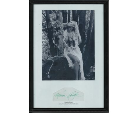 Veronica Carlson signed Black/white portrait photograph mounted in a black frame featuring Peter Cushing and Veronica Carlson