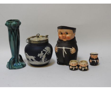 A collection of Goebel monk figures, an Austrian secessionist vase, and a Japanese biscuit barrel