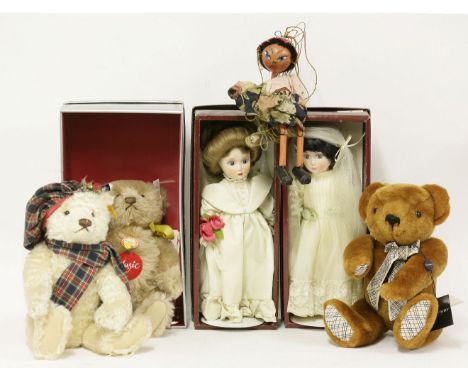 A Steiff musical bear, a Steiff 'Hamish' bear with certificate, two dolls, a Pelham Puppet, and a Burberry bear