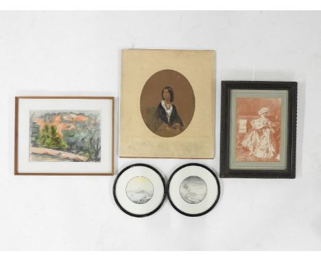 English School, Portrait of a lady, Margaret Gillies, oval watercolour, mounted, 33 x 26.5cm, and a print of a musician, two 