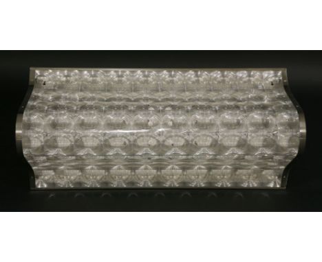 A chrome wall light box, of 'V' shaped design, with a clear plastic divided multiple panel shade, 47cm deep, 99cm high