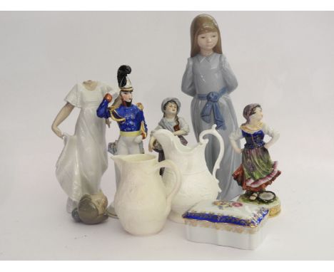 A pair of continental porcelain figures in traditional costume, two Nao porcelain figures and a small collection of china