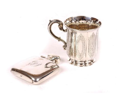 A hallmarked silver christening mug, and a silver spirits flask (2)