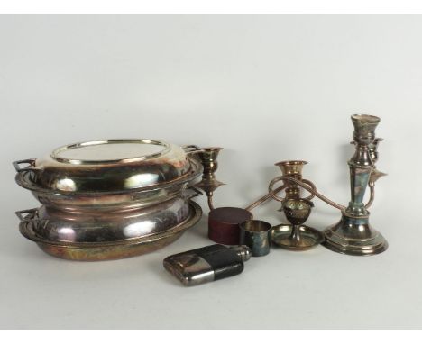 A pair of silver plated entree dishes, a spirit flask and similar items