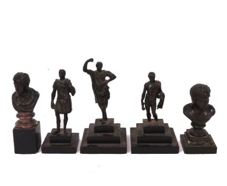 Three Grand Tour bronze figures, of Roman sculptures, on stepped plinths, 17cm high; a bronze bust, 10.5cm high; and a bronze