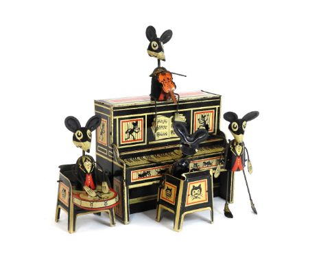 An early 20th century tin plate and lithographic printed clockwork toy, 'Marx Merrymakers', in the form of a mouse band gathe