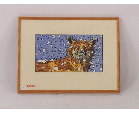 Andrew HaslemWINTER FOXlino cut, signed in the print,20 x 36cmExhibited Mall Galleries, Society of Wildlife Artists, 1999