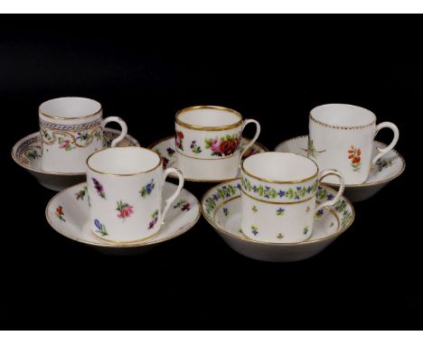Five 19th century French porcelain coffee cans and saucers, probably Paris