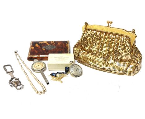 A Schild Freres & Lie silver cased fob watch, sixteen clear beads, a silver scorpion key ring, bird brooch, a single row of s