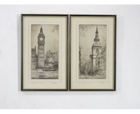 A pair of Robson etching of London, Bow Church and Westminster Tower