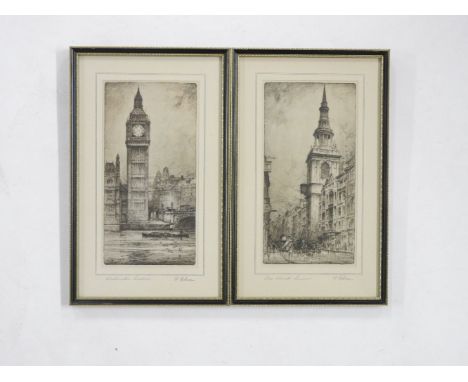 A pair of Robson etching of London, Bow Church and Westminster Tower