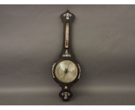 A 19th century rosewood and mother of pearl inlaid barometer, with silvered dial