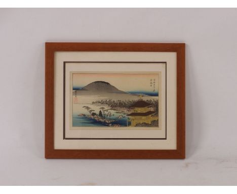 A Japanese woodblock print, inscribed, (modern frame), 26 x 36.5cm