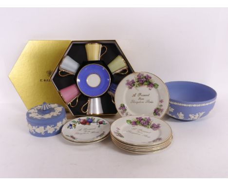 A collection of ceramics, to include Faberge Royal Collection cups and saucers, Wedgwood Jasperware, and Theydon Bois plates