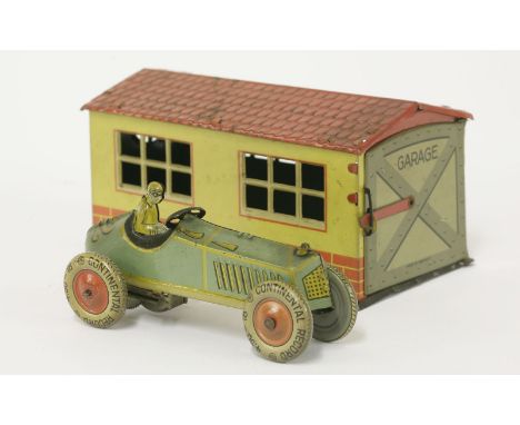 A German tin plate racing car, in light blue and yellow, the tyre marked Continental Record, and a tin plate garage, 14.7cm