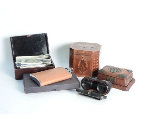 A small collection of items to include opera glasses, playing cards, a Georgian tea caddy, fans, etc.