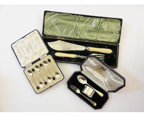 A quantity of cased and uncased silver, and silver plated flatware including a cased christening set and a Dutch silver caddy