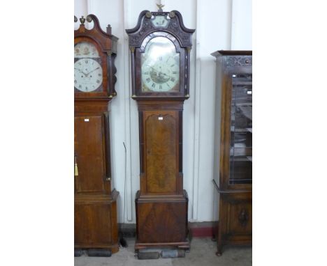 A George III mahogany longcase clock, the painted moonphase rolling dial signed Banks, Oldham 