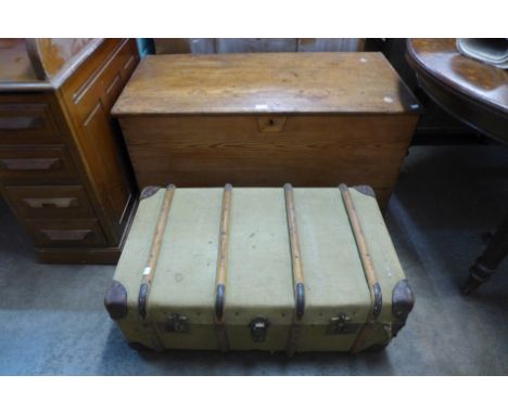 A Victorian pine blanket box and a steamer trunk 