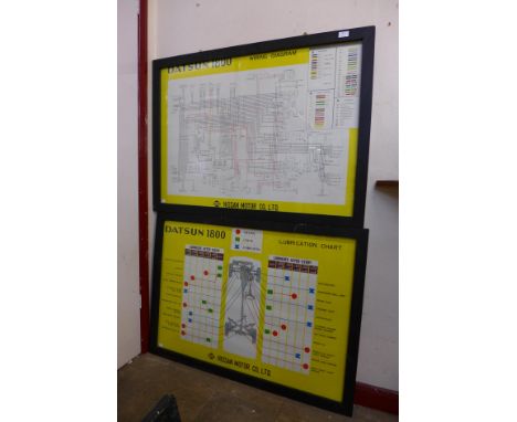 A pair of vintage Nissan Datsun 1800 vehicle charts 
