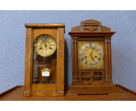 A late 19th Century German oak mantle clock and a wall clock 