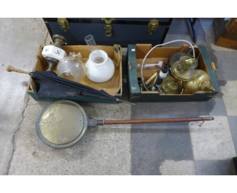 Two boxes of assorted brassware, copper kettle, oil lamp, etc. 