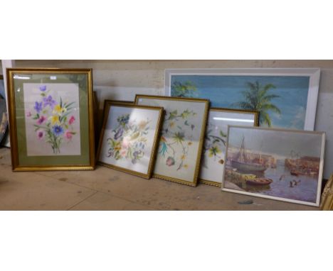 Four floral embroideries, an African landscape, oil on board and a print 