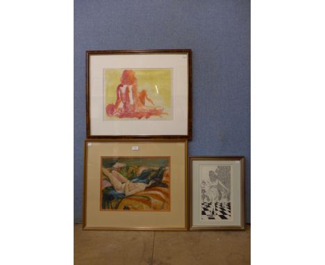 S. Wood, reclining female nude study, gouache, an abstract print, signed Mary Wood and Sam Littlechild, Breeze, pen and ink s