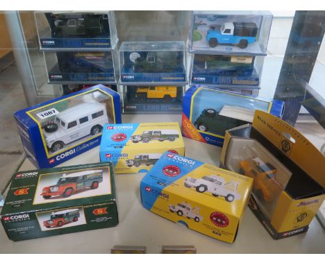 Fourteen Corgi Land Rover die-cast models all with boxes, and other models, in good condition 