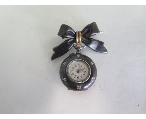 A Le coultre fob watch, in gun metal, with diamonds, manual top wind, 22mm wide, not running, hinge broken otherwise generall