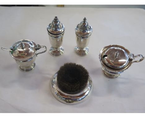 A Silver cruet set with two glass liners, salt spoon, overall approx 5.6 troy oz, together with silver brush, some small usag