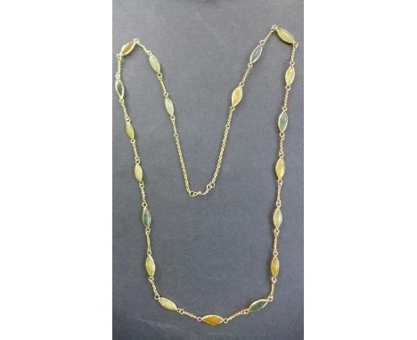 A gold plated, amber, jade and opal necklace, 82cm long approx, total weight approx 16.5grams, generally good condition 