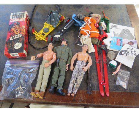 An Action Man figure - arm broken and assorted clothing and buggy and two later Action Man figures 