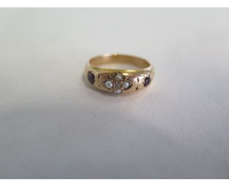 A 15ct seed pearl garnet and diamond ring, size K, approx 1.4 grams, generally good condition 