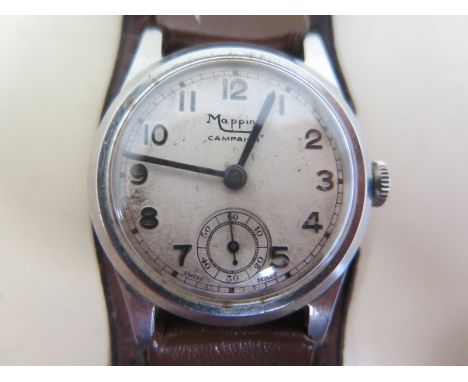 A Mappin campaign wristwatch with steel case, subsidiary dial, approx 31mm wide including button, replacement leather strap, 
