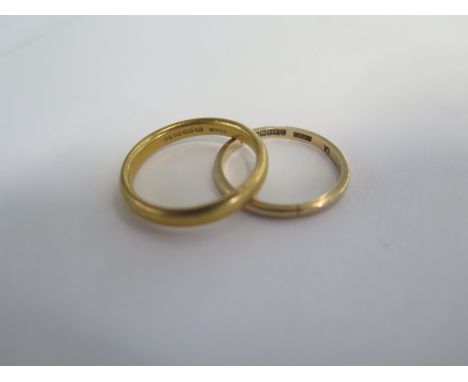 A 22ct wedding band, ring size T, approx 6.4 grams, and a 9ct band ring, size R, approx 1.8 grams 