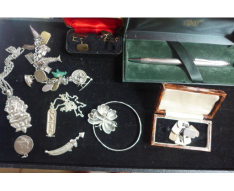 A collection of assorted silver and white metal jewellery and cufflinks, total weight approx 4 troy oz, and a Cross roller pe
