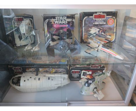 Six Star wars toy model vehicles Darth Vadar tie Fighter, Battle damaged X-Wing, Rebel Transport, Slave I vehicle and Scout W