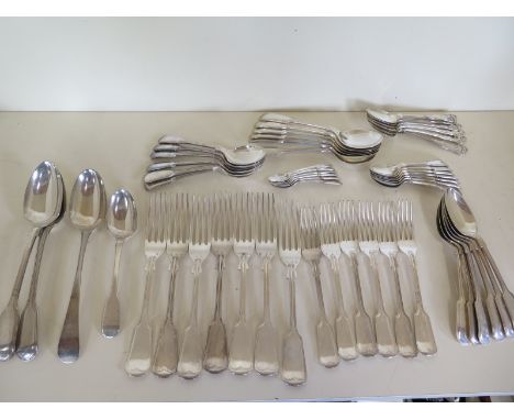 Sterling silver cutlery, matched set of sterling silver flatware, six each of forks, dessert forks, dessert spoons, round des