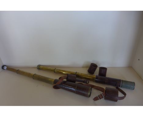Two three draw telescopes with leather covers, one signalling no 13828 by Dolland and the other Broadhurst Clarkson co 