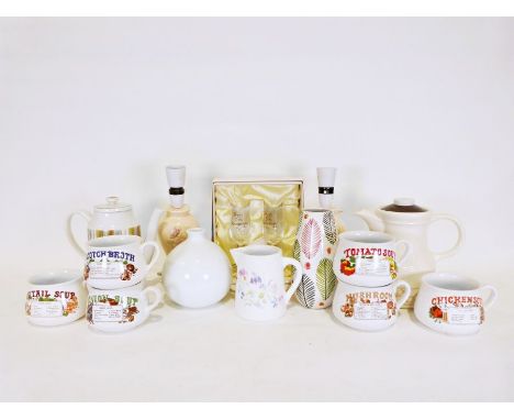 Midwinter Sienna coffee pot, an embossed brass bin,&nbsp;numerous china, glassware and household items&nbsp;(2 boxes)