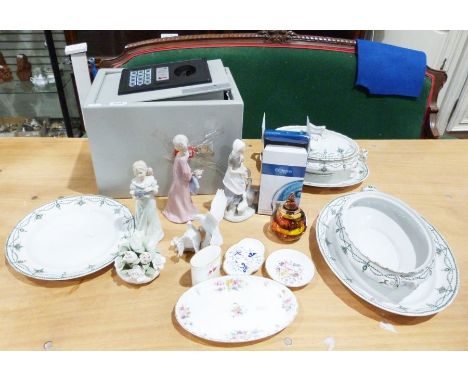 Ludgate tureen and serving plates, a Caithness 'Flames of Passion' paperweight, a digital safe, assorted chinaware, etc
