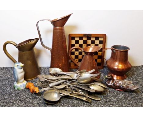 Aynsley Pembroke footed bowl, various copper and brass flagons, board games to include Whicker's World, Cluedo, Coronation St