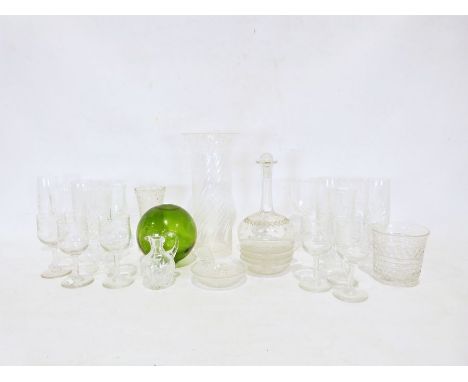 Set of eight cut glass wines, three coloured glass spheres together with various other glasswares (2 boxes) together with ass
