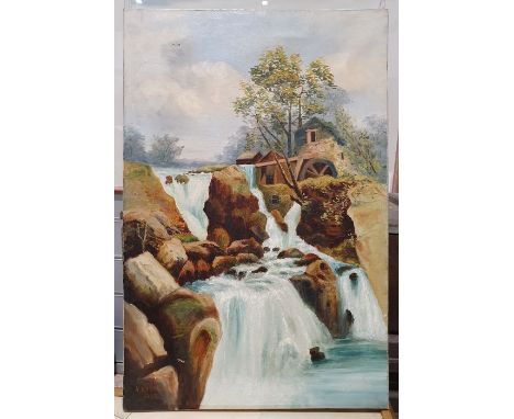 Olwen Hughes
Watercolour
Village scene, unframed, together with a

Liston&nbsp;
Oil on canvas
River scene with mill, and vari