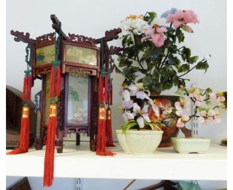 Modern Japanese ceiling light in the form of a pagoda together with three Japanese glass flowers in pots&nbsp; 