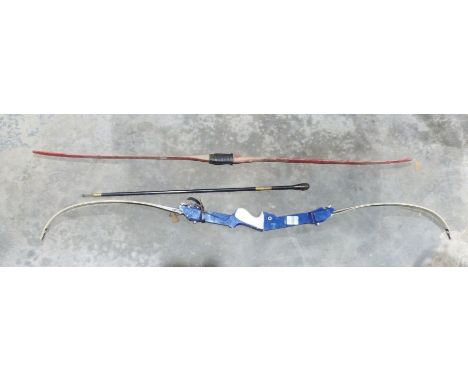 Recurve bow, a fibreglass bow and a swagger stick (3)