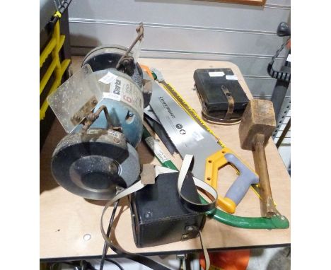Clark 6" bench grinder, an eSkde cordless rotary tiller&nbsp;(no battery)&nbsp;and various tools