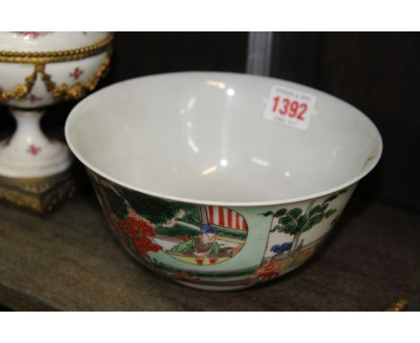 A Chinese famille vert bowl, 17.5cm diameter; together with a Continental porcelain and gilt metal mounted urn; a blue glass 