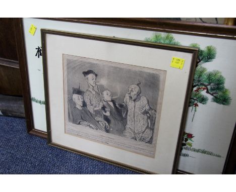 A small quantity of pictures, to include: two Oriental silk embroideries; a monochrome print of Chinese figures; a pair of Ea